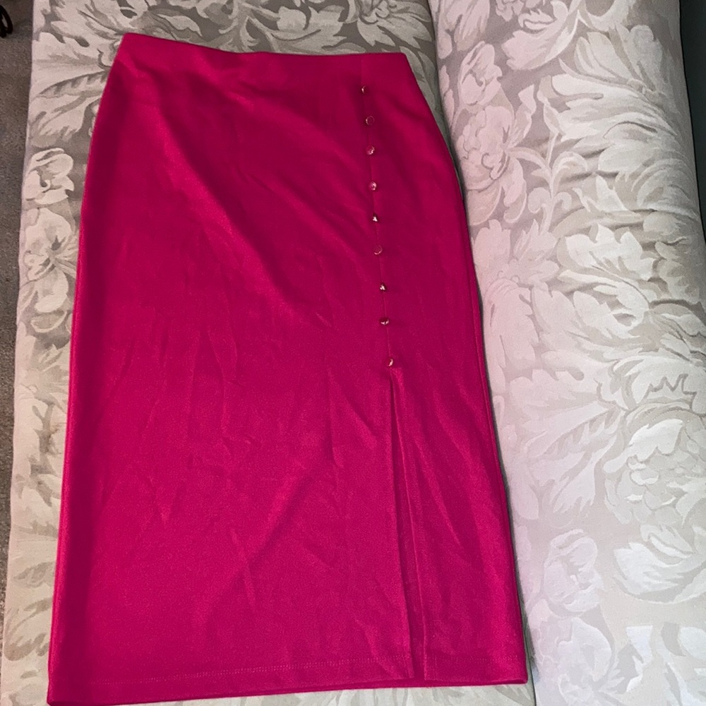 New York & Company Primrose Hi-Waist Pull-on Skirt size M Pink Gold Detail Midi